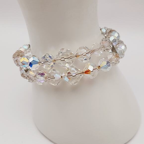 Vintage 1950s Clear Aurora Borealis Crystal Two Strand Bracelet – 6 3/4 Inches - Picture 6 of 13